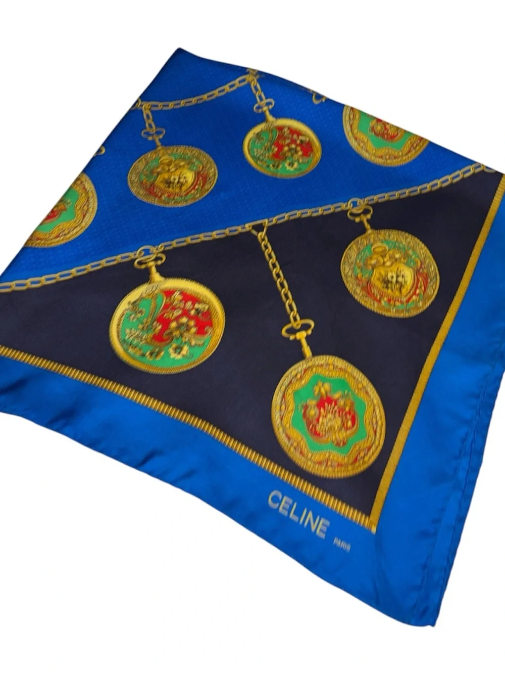 Celine Blue, Black & Gold Silk Scarf with Heraldic Print